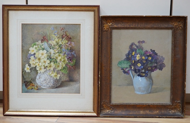 E. Mary Burgess (1787-1961), watercolour, Still life of pansies in a jug, partial James Bourlet & Sons label verso, together with Annie L. Pressland, Still life of flowers in a vase, signed, E. Stacy-Marks label verso, l